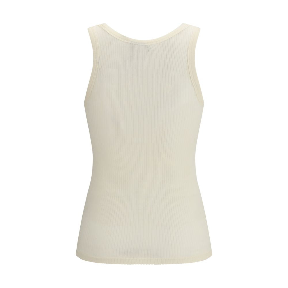 Beige wool sleeveless t-shirt with ribbed neckline