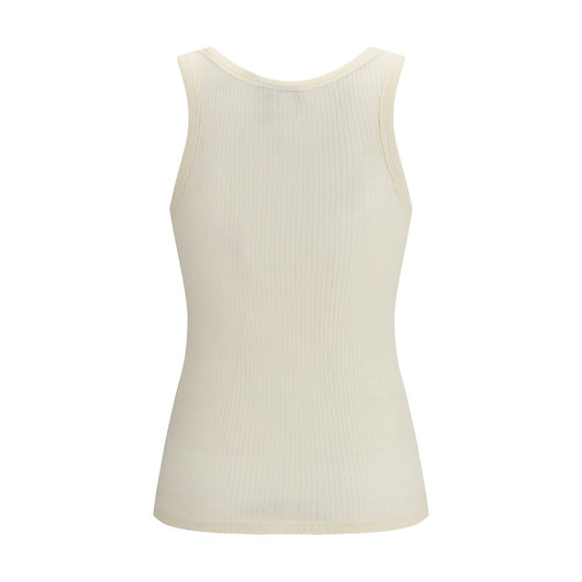 Beige wool sleeveless t-shirt with ribbed neckline