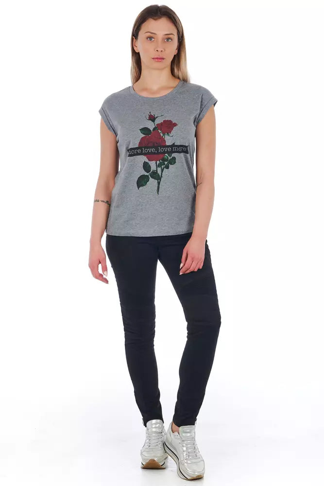 Woman wearing gray t-shirt with rose design
