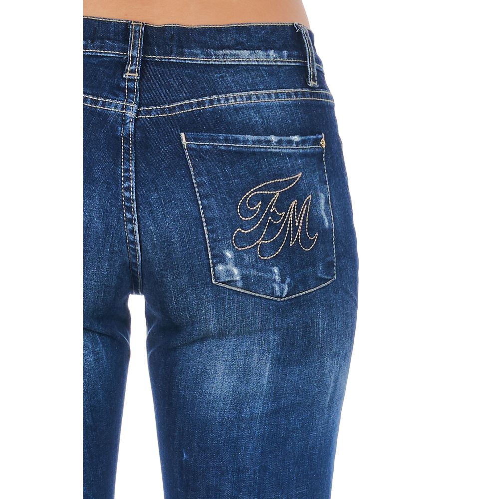 Blue denim jeans with embroidered initials on back pocket