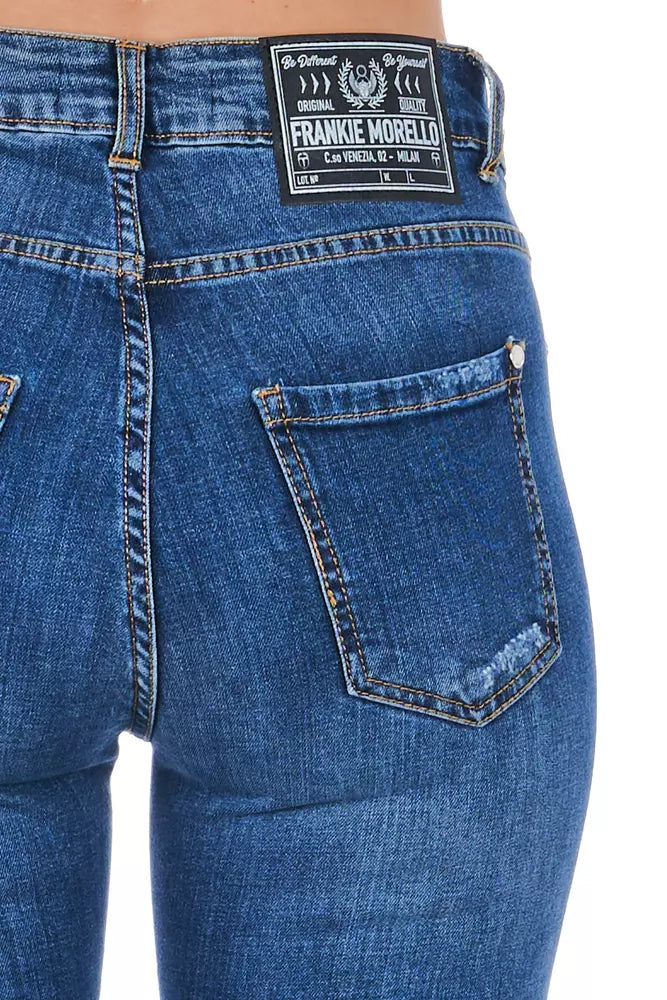 Pair of blue jeans with a label on the back pocket