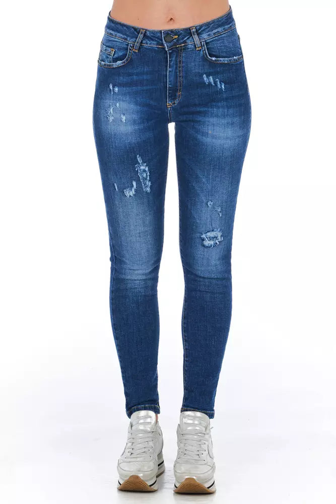 Pair of blue denim jeans with distressed details