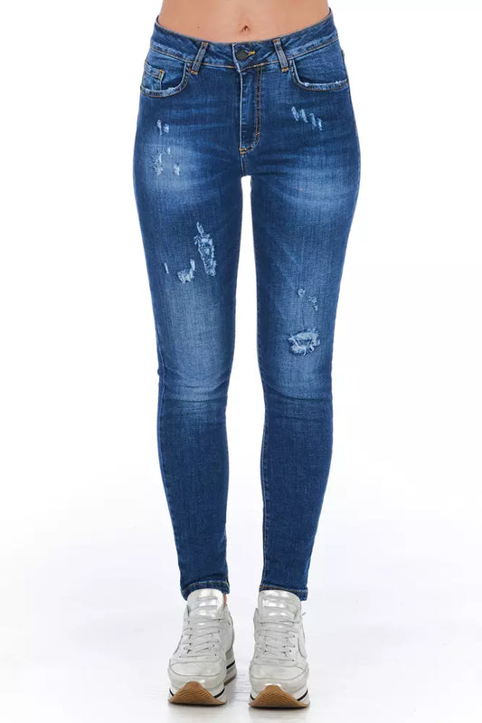 Pair of blue denim jeans with distressed details