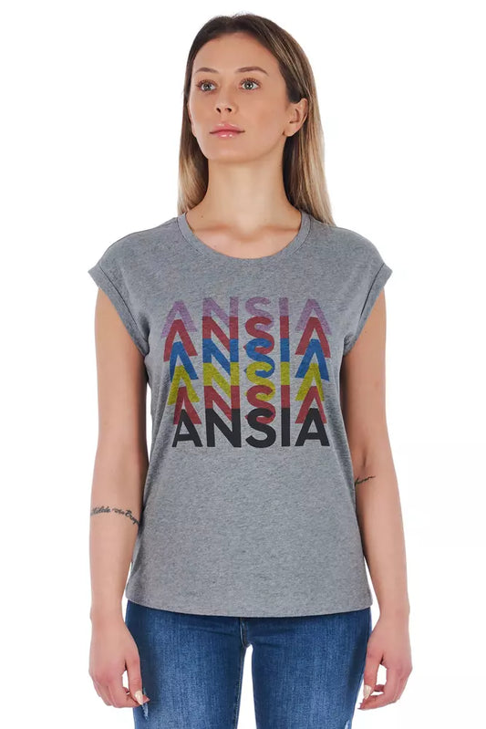 Woman wearing gray shirt with colorful print