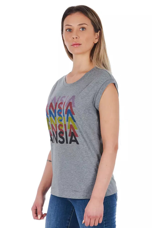 Woman wearing gray tank top with colorful graphic print