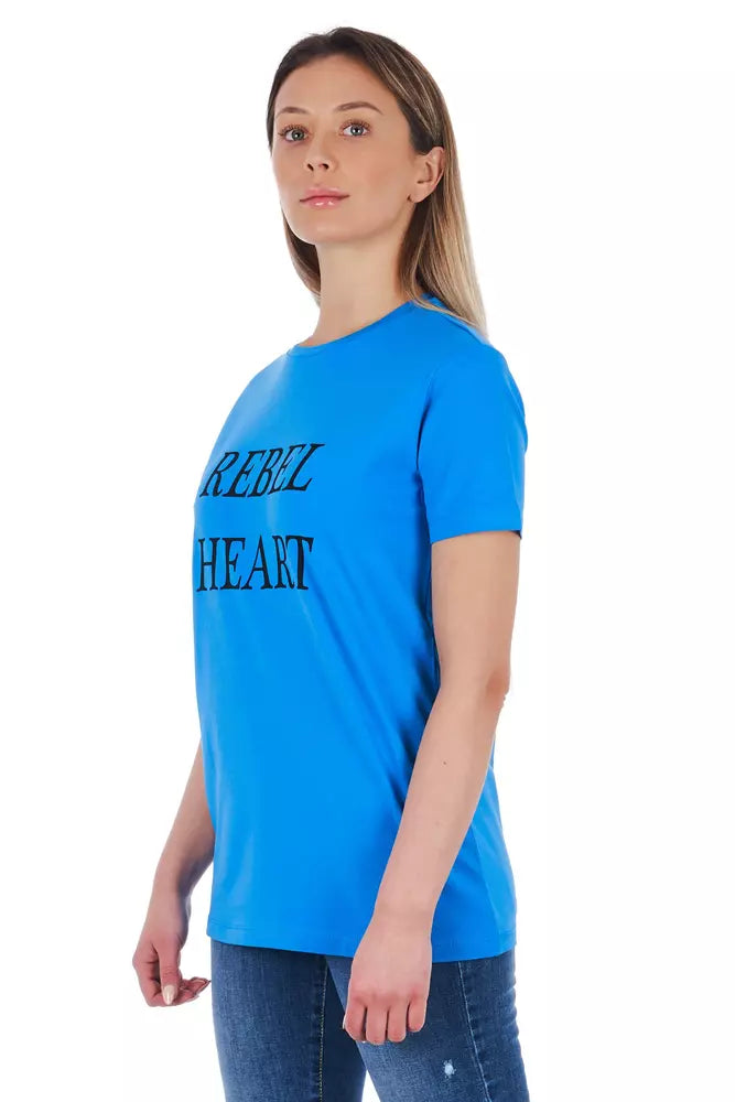 Blue t-shirt with white lettering