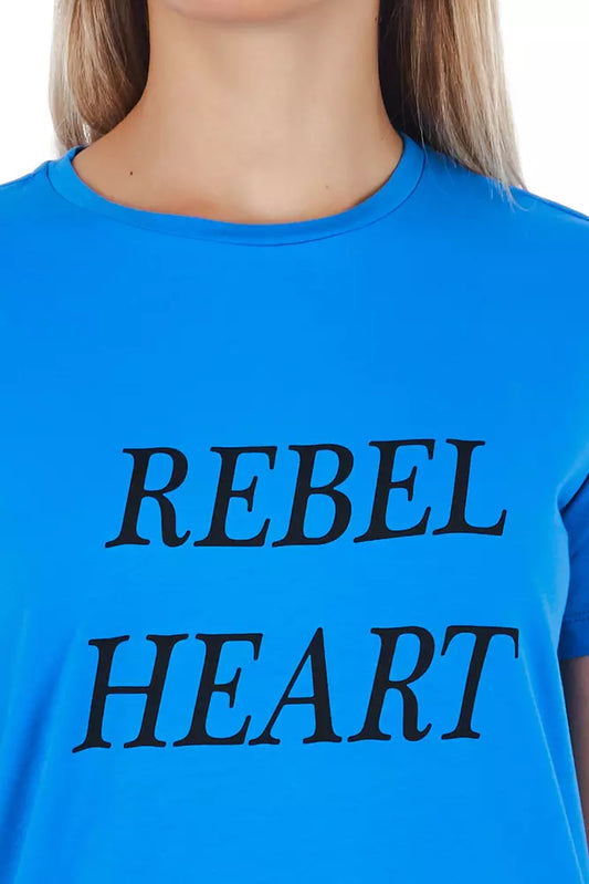 Blue t-shirt with white lettering that says "Rebel Rebel Heart"