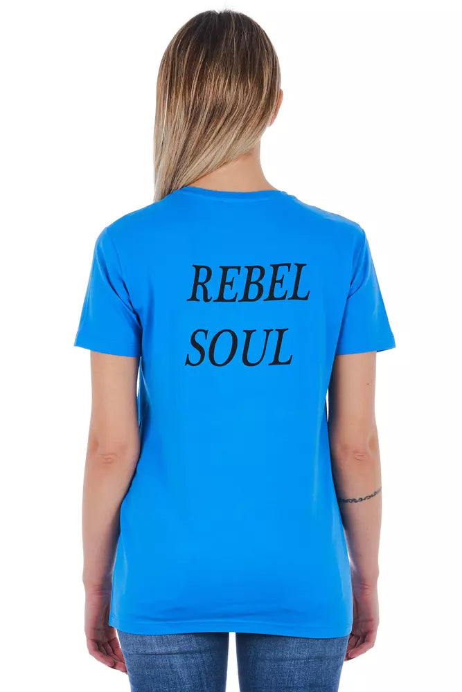 Blue t-shirt with white text reading "REBEL SOUL"