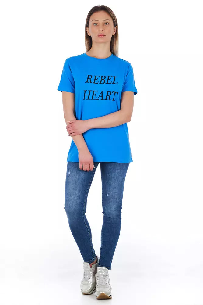 Blue t-shirt with white lettering