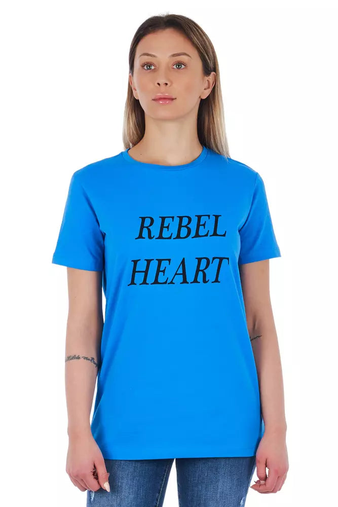 Blue t-shirt with white lettering