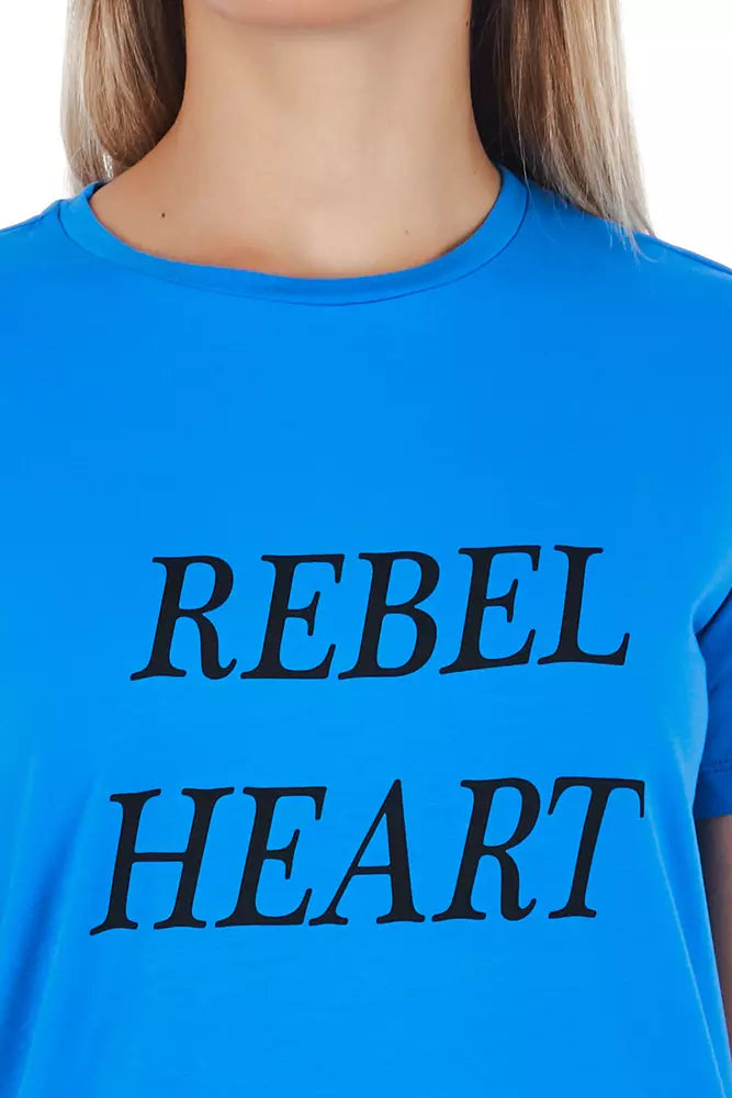 Blue t-shirt with white lettering