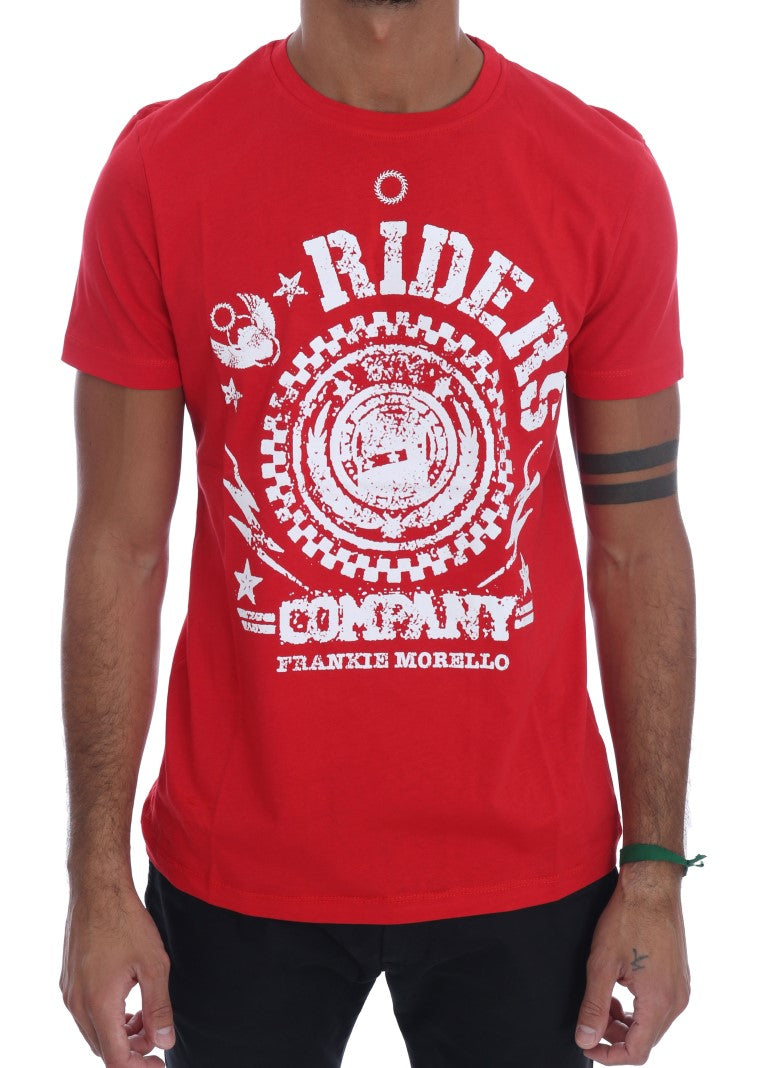 Red t-shirt with graphic design on front