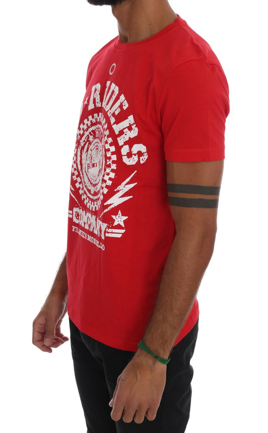 Man wearing red t-shirt with white lettering