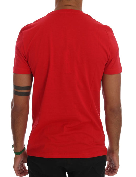 Red short sleeved t-shirt on a man's back