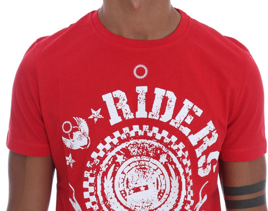 Red t-shirt with white lettering and graphic design