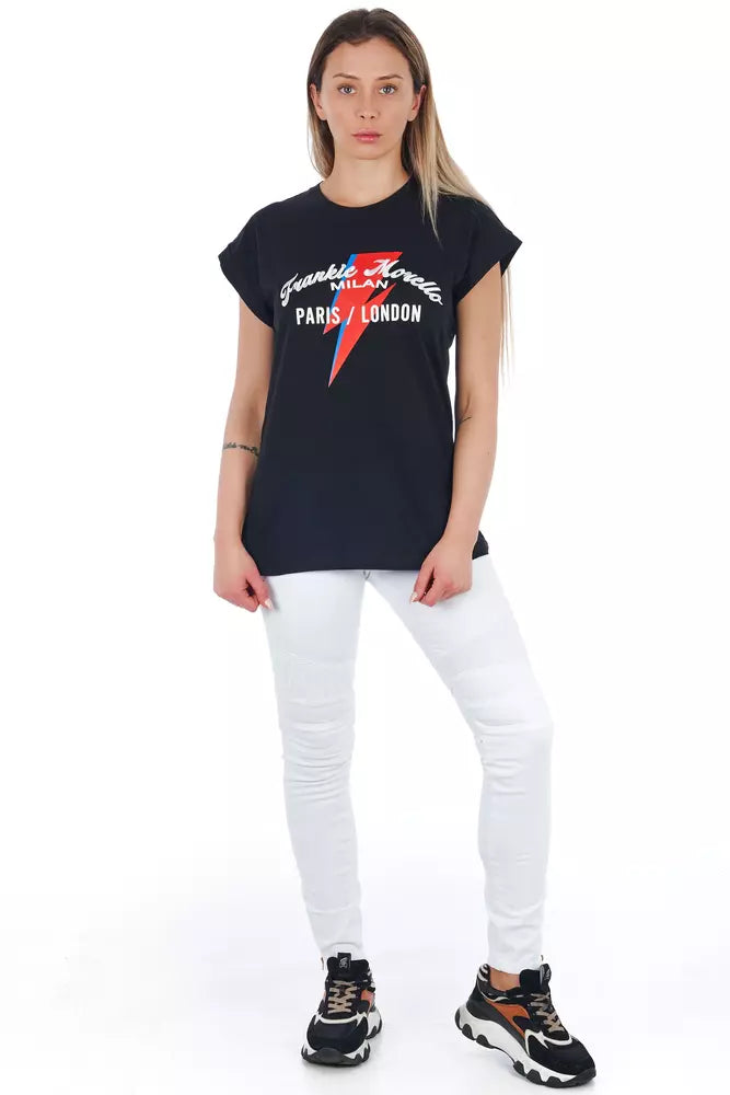 Black t-shirt with white graphic on front