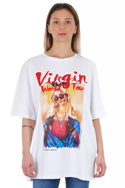 White t-shirt with graphic design featuring a woman in blue dress