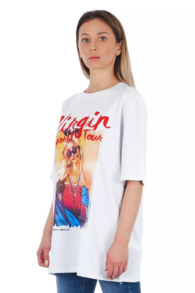 White t-shirt with graphic design featuring a woman dancing