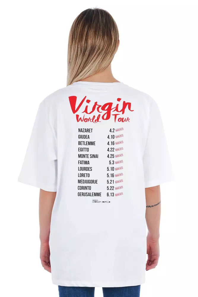 White t-shirt with red text listing cities on back