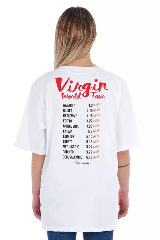 White t-shirt with red text listing cities on back