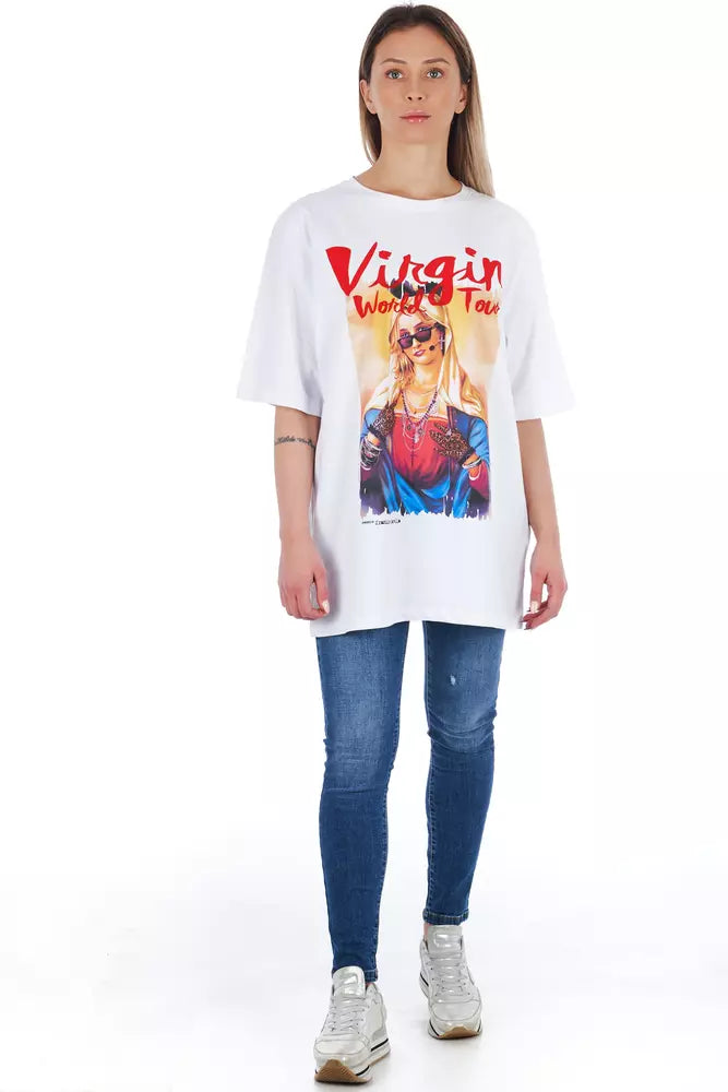 White t-shirt with graphic design featuring superheroes