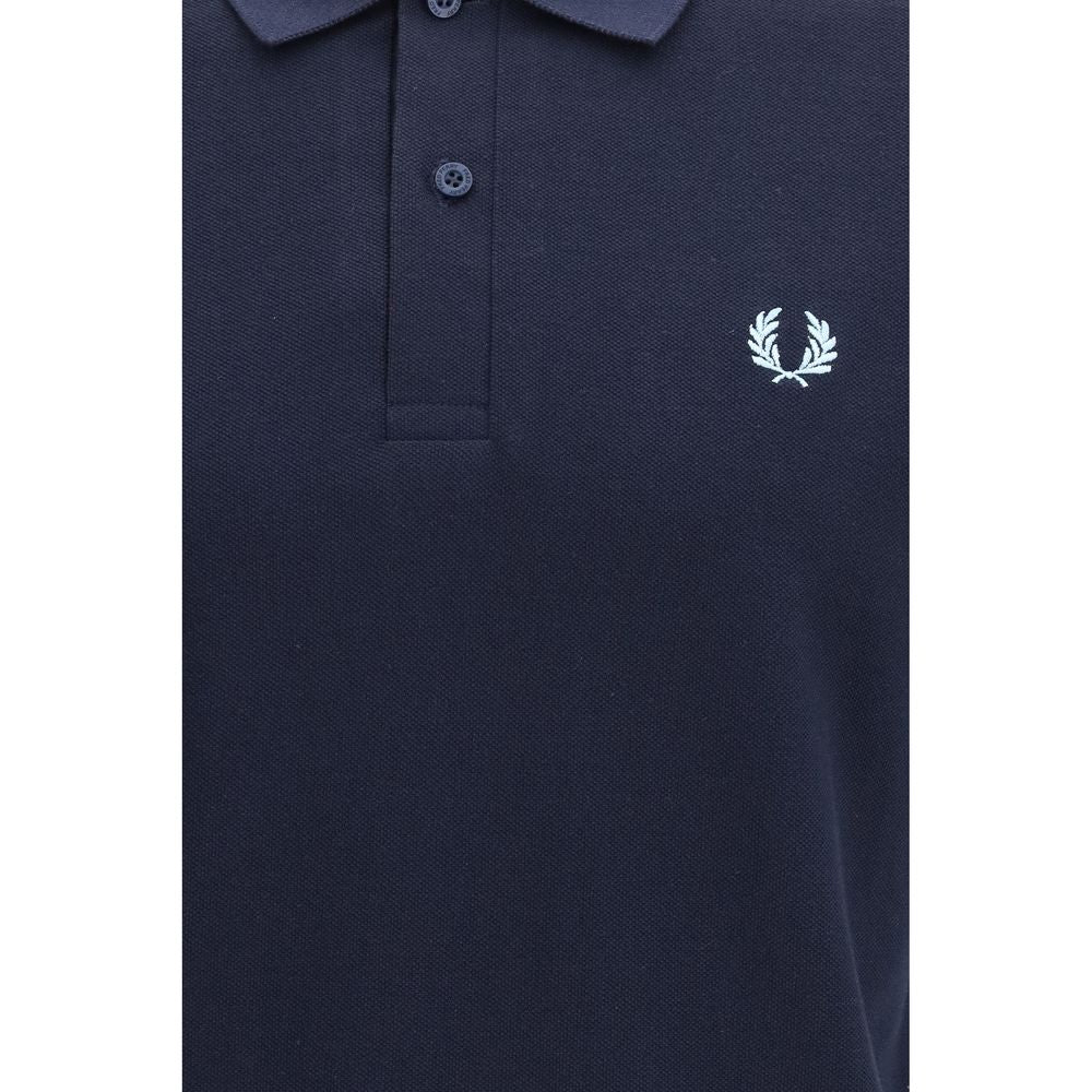 A blue polo shirt with a small white logo on the left chest area