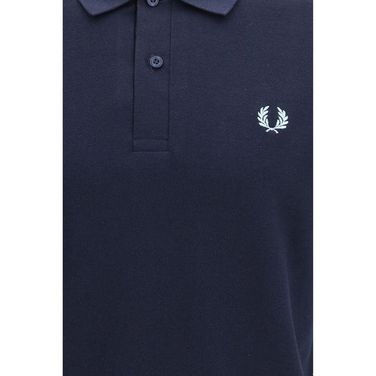 A blue polo shirt with a small white logo on the left chest area