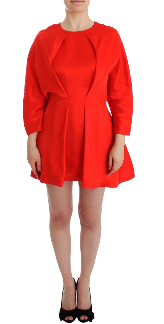 Red puffy sleeve dress with high neckline