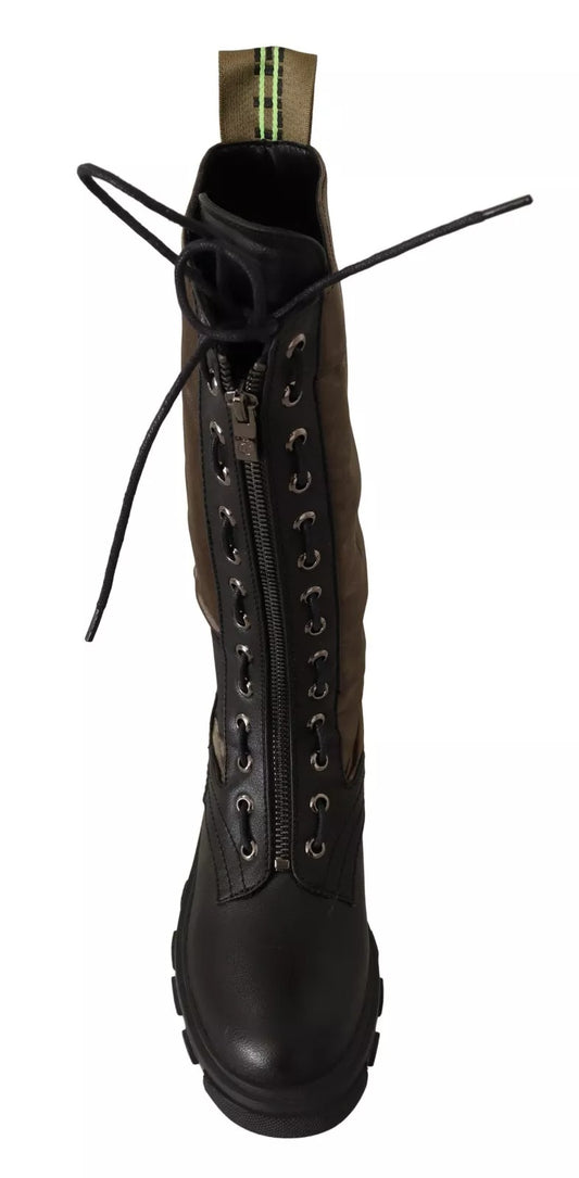 Black leather boot with laces and buckle detailing