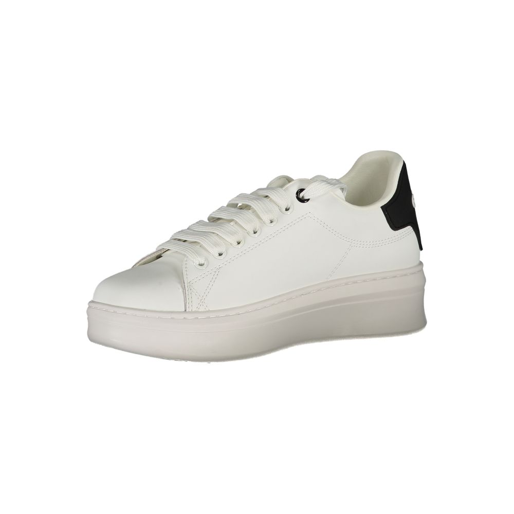 White sneakers with black laces, polyurethane sole, and a low top for women