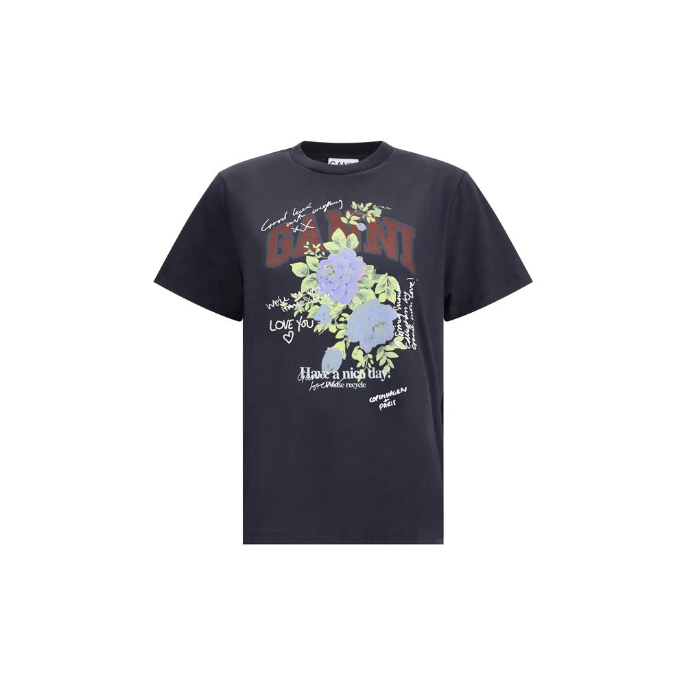 "Ganni Rose logo print on white t-shirt"