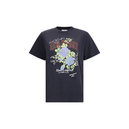 "Ganni Rose logo print on white t-shirt"