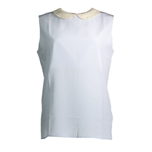 White sleeveless top with gold trim around neckline