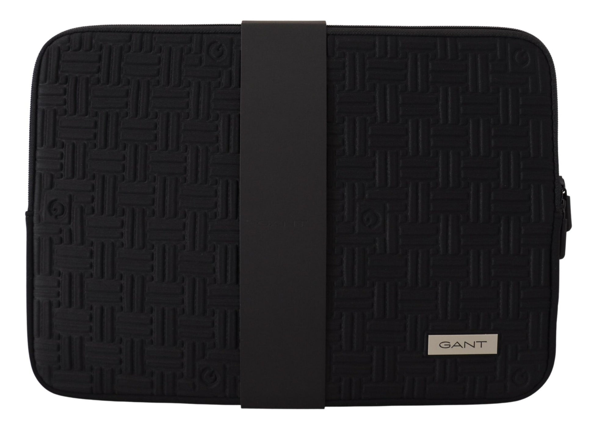 Black laptop case with a patterned texture and a black strap