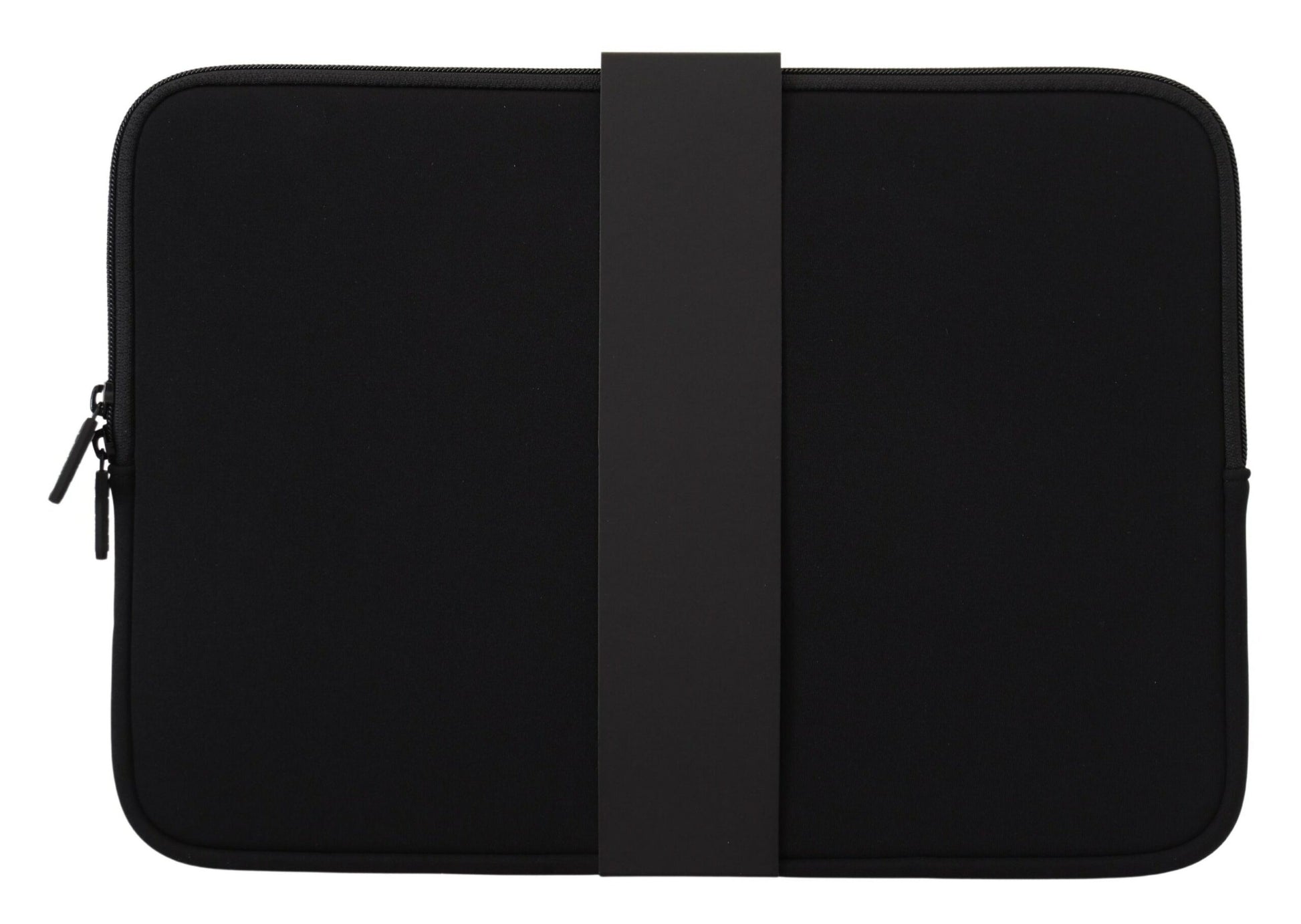 Black laptop case with adjustable straps and a zippered pocket on the front