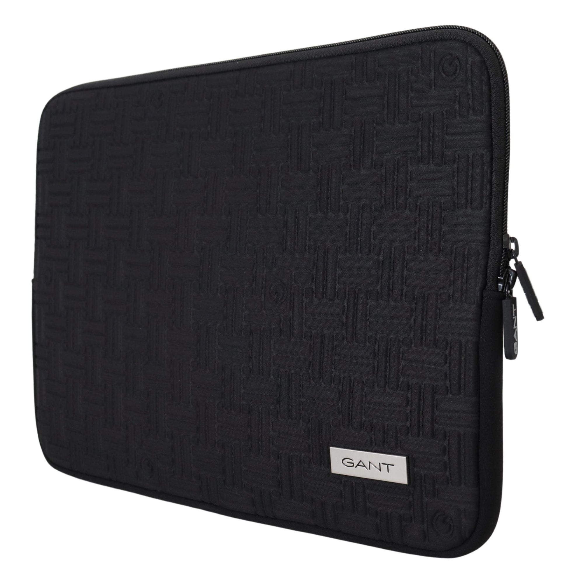 Black laptop case with a diamond pattern and a logo on it