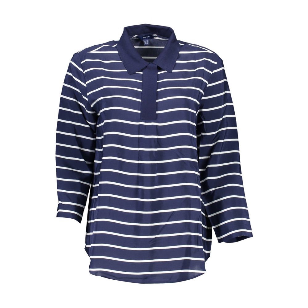 Blue and white striped polo shirt