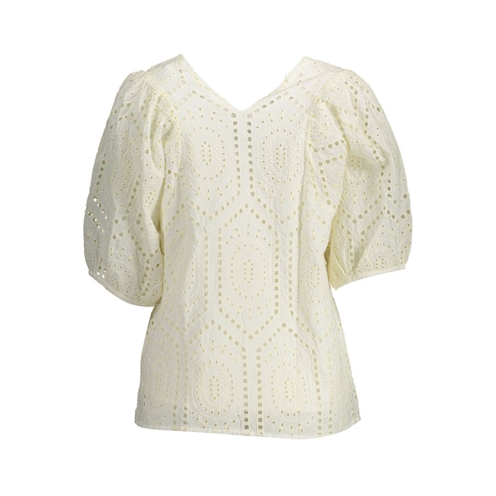 Yellow crocheted knit top with puffy sleeves