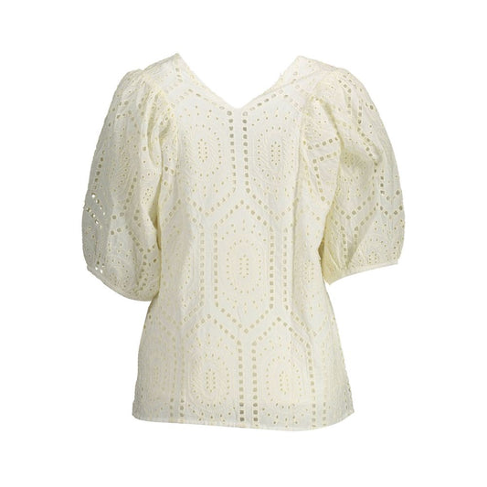 Yellow crocheted knit top with puffy sleeves