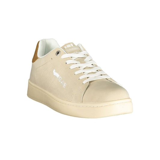 Tan men's sneaker with white laces, polyurethane sole, and logo on side