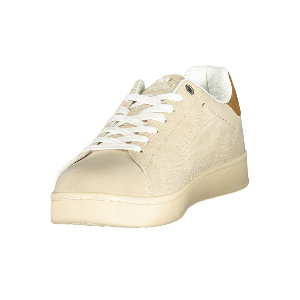 Tan men's sneaker with white laces, polyurethane sole, and stitched details