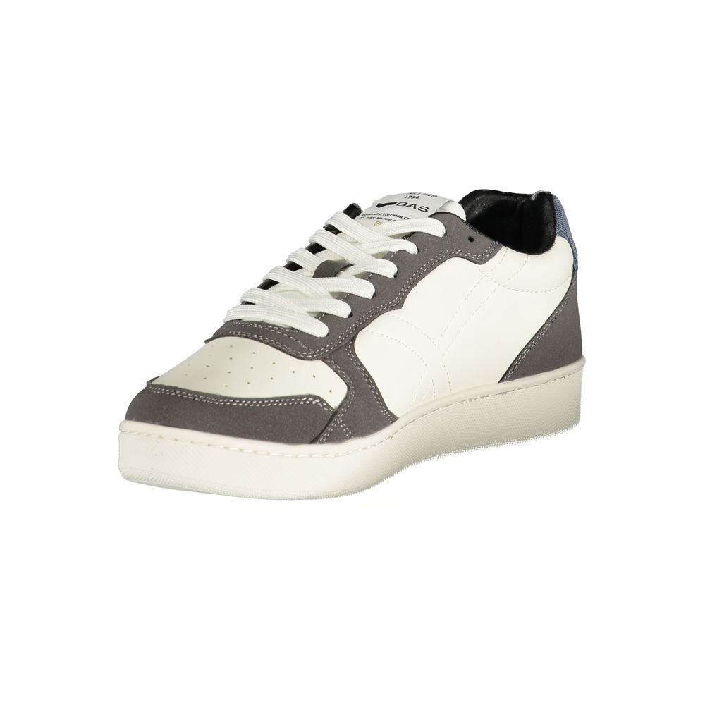 A pair of men's sneakers with white laces, black and white color scheme, featuring a low top design