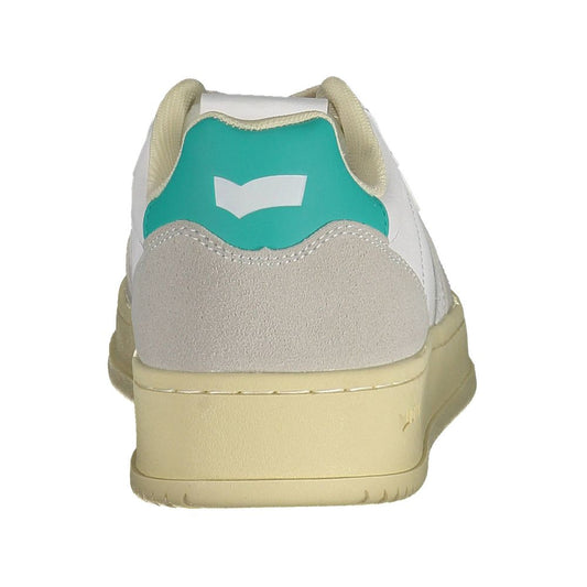 A women's sneaker with a tan upper, white sole, and blue accents on the heel and side