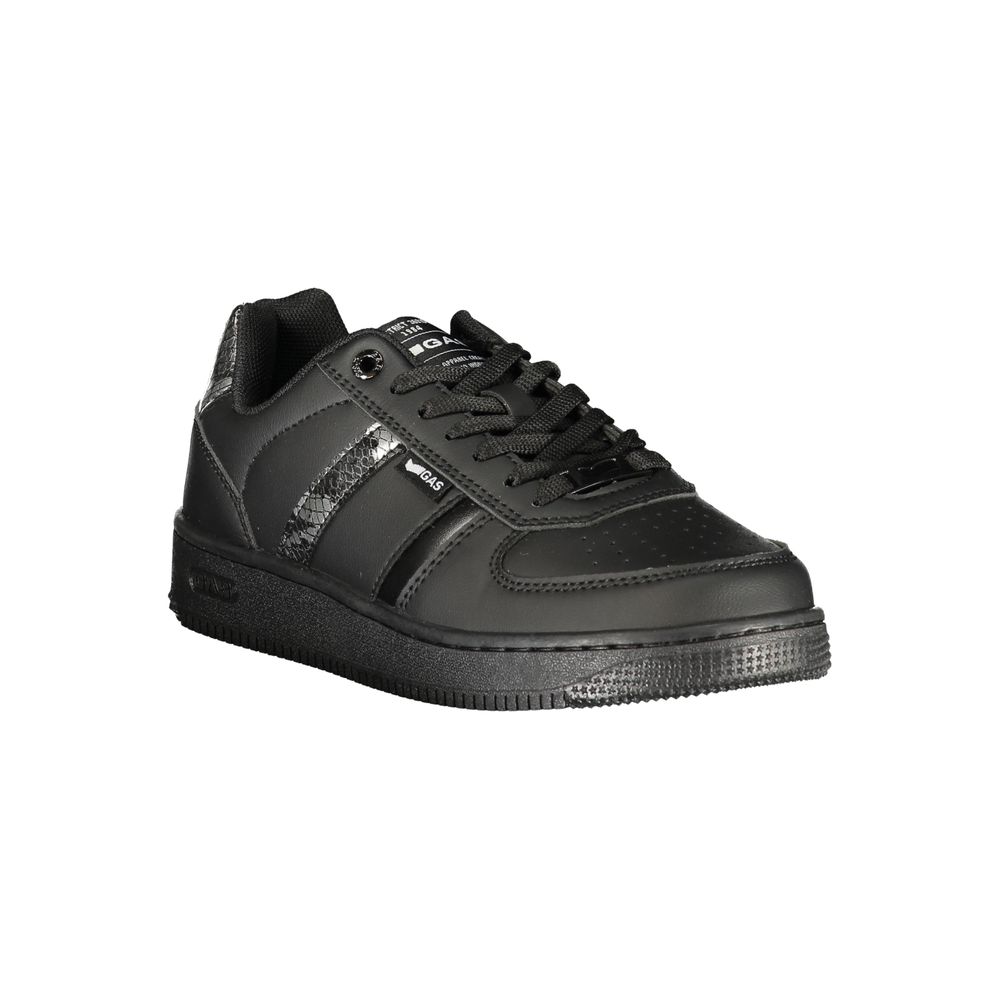 A black polyurethane women's sneaker with a low top, lace-up front and a flat sole