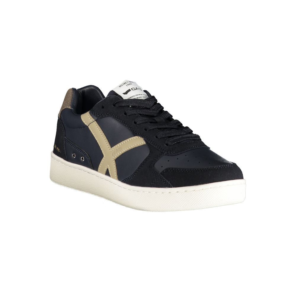 A blue sneaker with white sole and gold accents