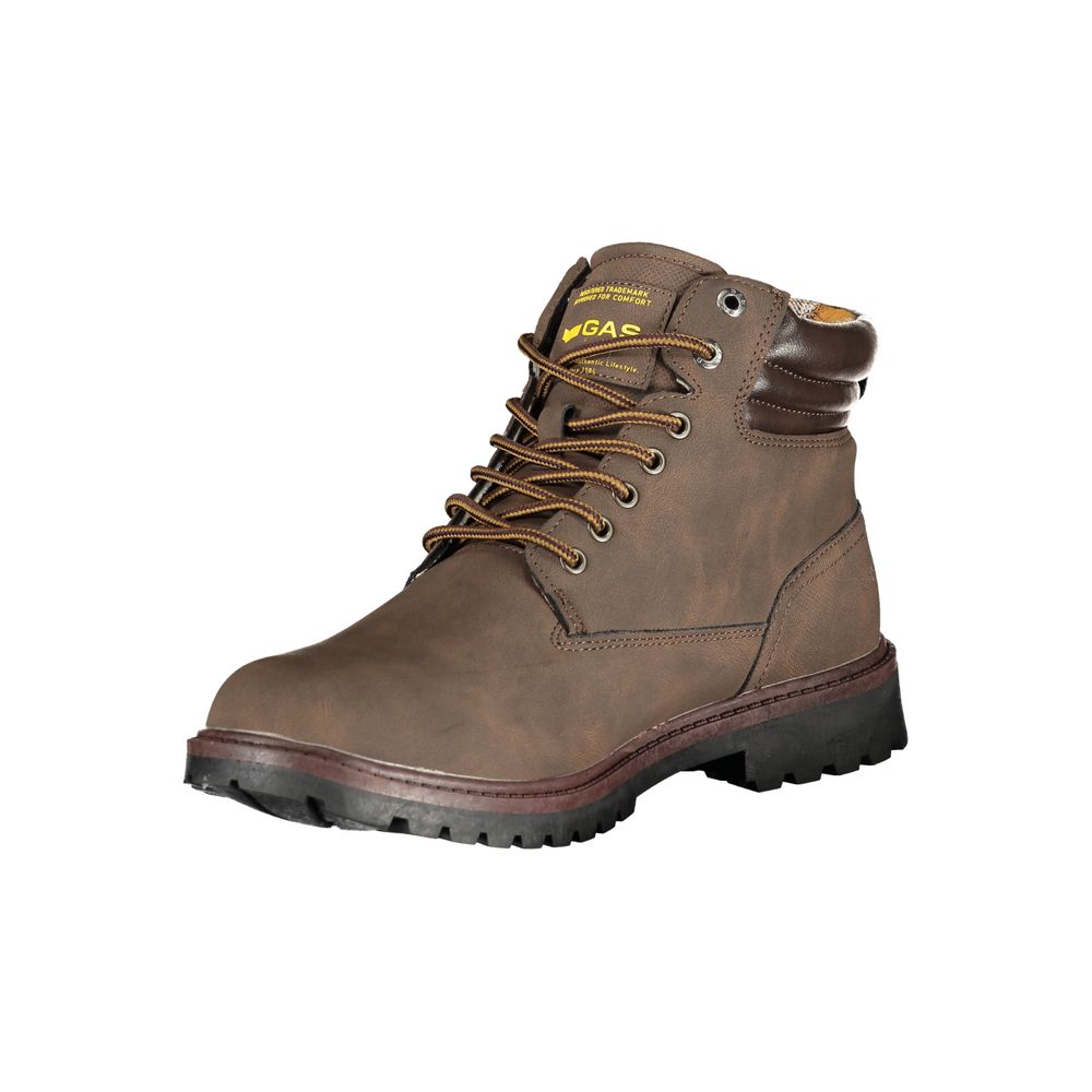 Brown leather work boot with laces, rubber sole, and side zipper closure