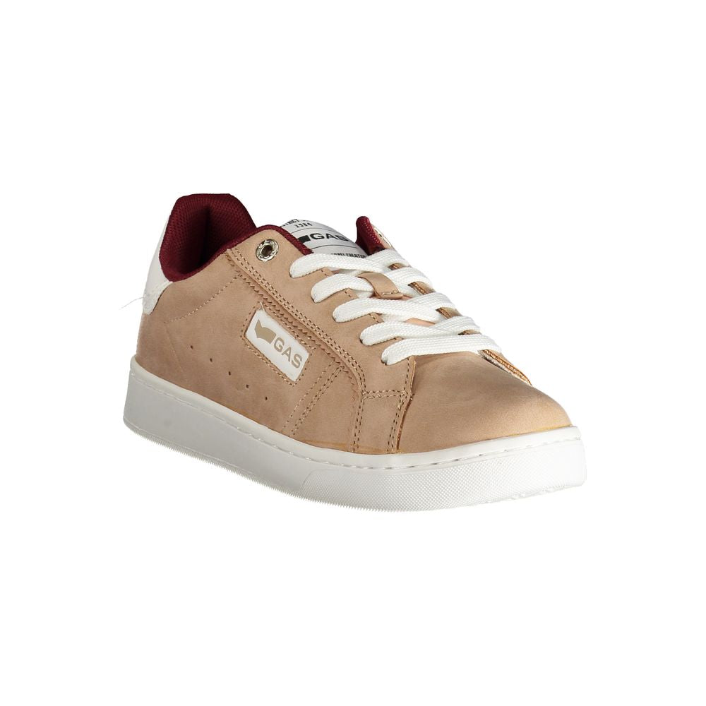 Brown women's sneaker with white laces, featuring a logo on the side and a flat sole