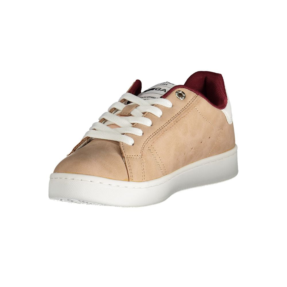 Brown women's sneaker with white laces, red accents, and a textured sole