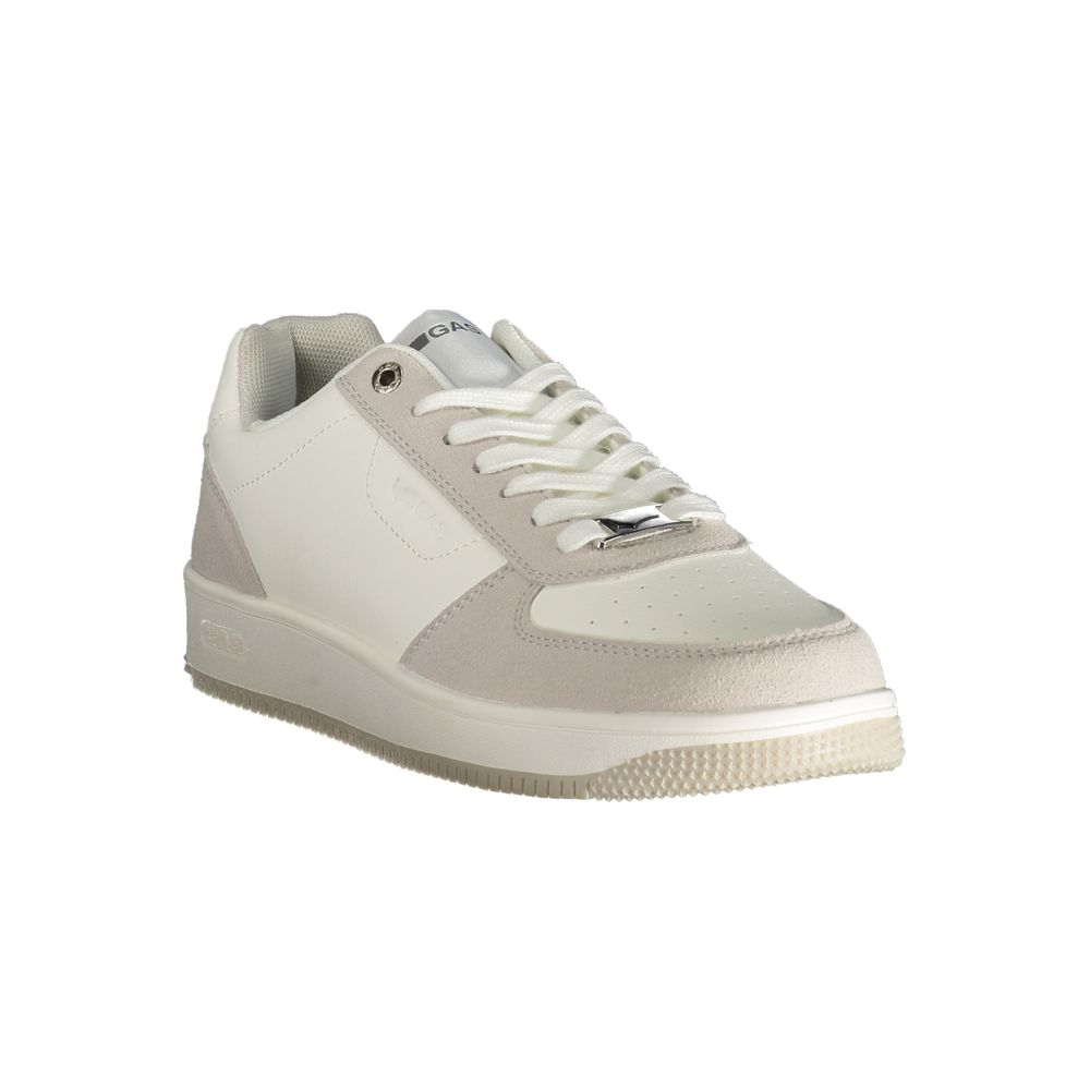 A white sneaker with a black sole