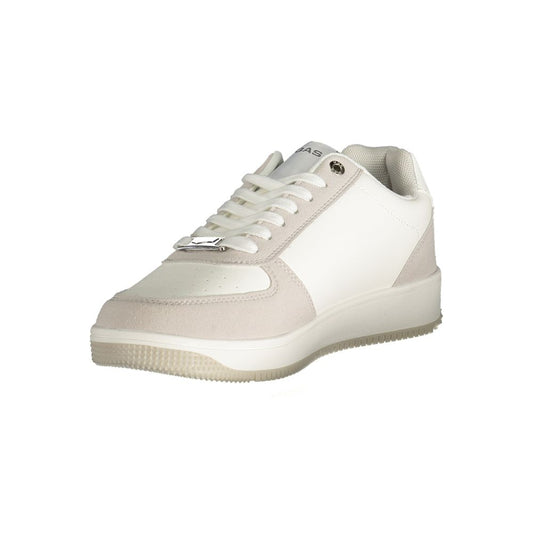 A white men's sneaker with a lace-up front, featuring a flat sole and a small logo on the side